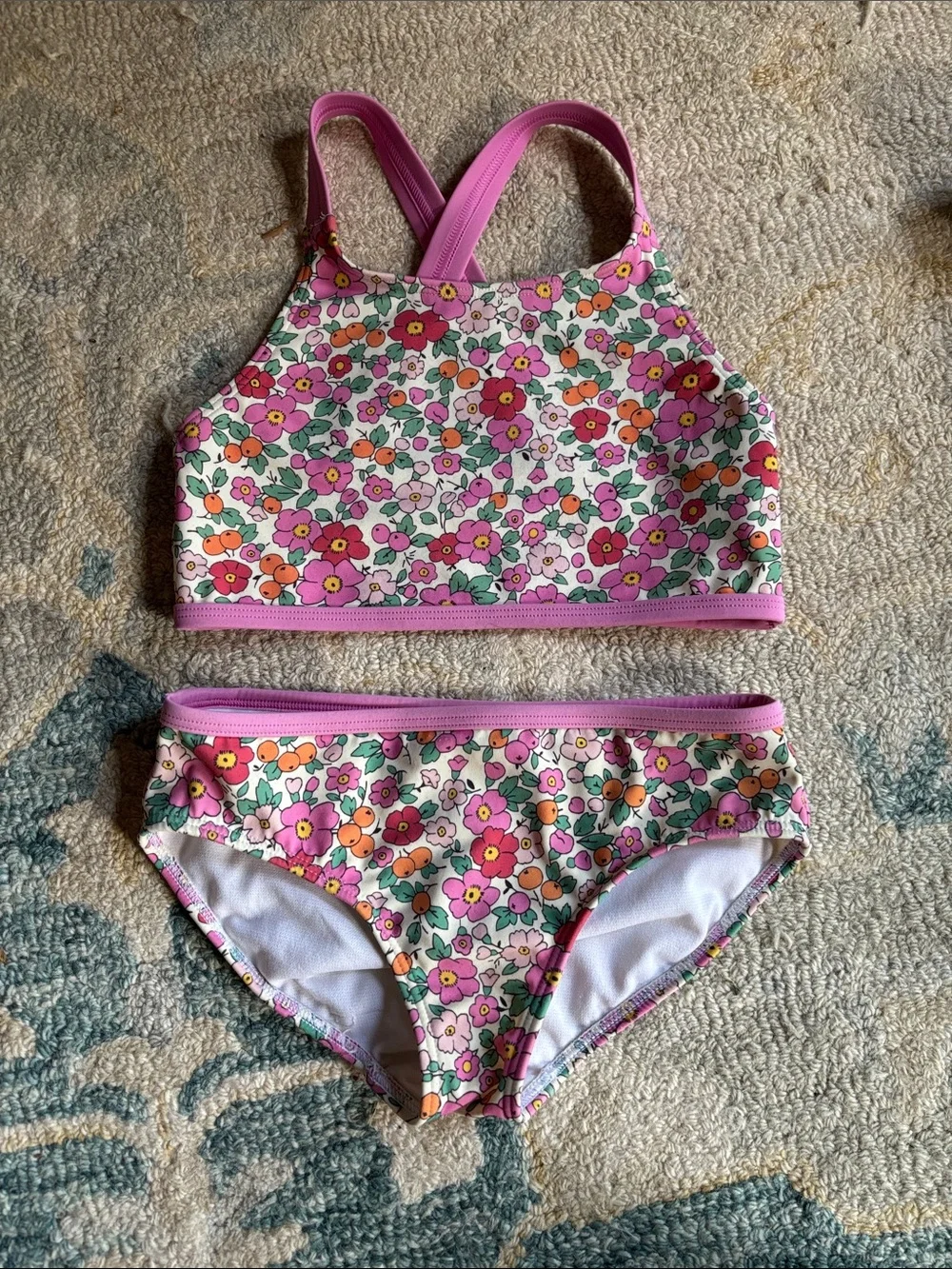 Mini Boden Pink and Orange Floral Two-Piece Swim Set